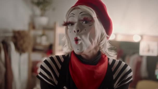 Funny Female Mime Artist Wearing Stage Costume Makeup Performing Camera — Stock Video