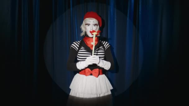 Женщина Мим Играющая Цветами Кларнете Демонстрируя Смешное Выступление Сцене Театра — стоковое видео