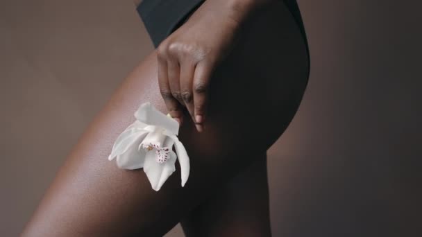 Close Tiro Mulher Negra Irreconhecível Calcinha Tocando Seu Corpo Com — Vídeo de Stock