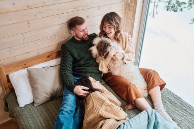 Yüksek açılı görüntü modern aileyi vurdu. Köpekler kış gününü evde geçiriyorlar. Yatak odasında, ahşap kulübede dinleniyorlar.