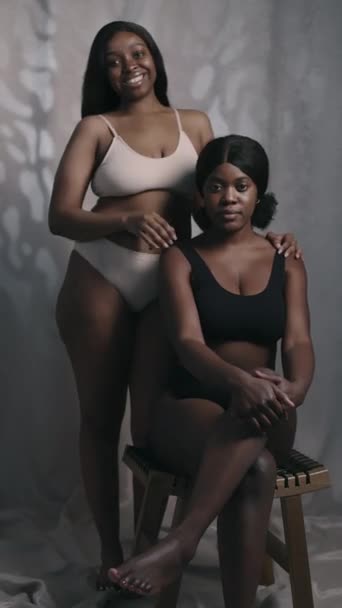 Vertical Portrait Two Young Beautiful Black Ladies Underwear Posing Together — Stok video