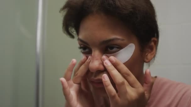 Close View Drowsy Girl Swollen Face Applying Eye Patches Looking — Stock Video