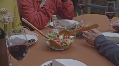 Mangal yemeği, sebze salatası ve kırmızı şarapla dışarıda yemek masasında otururken tanımadığınız arkadaşlarınızın tartışmasını yakından izleyin.