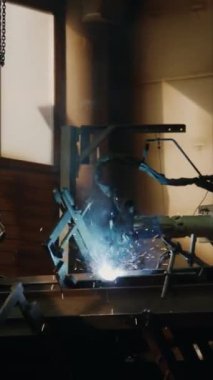 Dikey olarak, endüstriyel fabrikada metal işi yapan kaynak robotu çeken kimse yok.