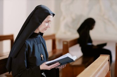 Üst düzey Kafkas rahibenin Katolik kilisesinde oturmuş dini kitaplar okurken seçmeli odak noktası.