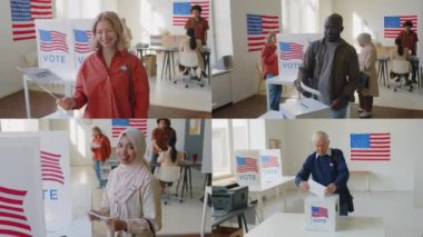 Seçim günü oy kullanma yerinde farklı yaş ve etnik kökenlere sahip dört Amerikan vatandaşının portrelerinin ekran görüntülerini ayır