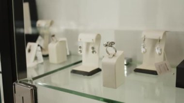 Lüks pemium mücevher galerisinde kristal berraklığında sergilenen zarif, değerli metal küpeler ve yüzüklerden çekilen hiç kimse yok.