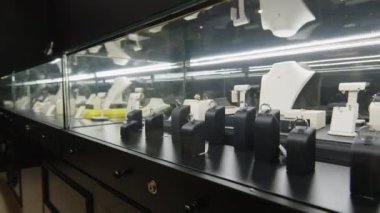 Premium butikte işaretlenmiş cam dolaplarda sergilenen özel değerli metal ve değerli mücevher ürünlerinden çekilen hiç kimse yok.