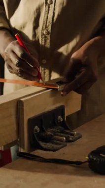 Tanınmayan marangoz ellerinin dikey yakın çekimi. Cetvel ve kalemle tezgaha tutturulmuş ahşap parçayı ölçüyor ve işaretliyor.
