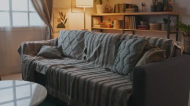 Yastıklı kanepe, önünde sehpa, duvarın yanında kitap rafı ve rahat oturma odasında yer lambası.