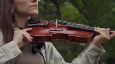 Genç bayan müzisyen kemanı ayarlıyor, yayını alıyor ve parkta müzik çalıyor.