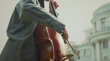Güneşli bir yaz günü, açık hava müzik konserinde parkta keman çalan yetenekli genç kadının görüntüsünü büyüt.