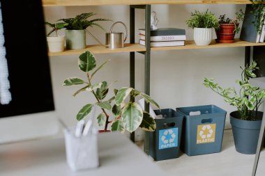 Modern çevre dostu ofis içinde plastik geri dönüşüm kutuları, yüksek açılı görüntüler. Hiç kimse vurulmamış.