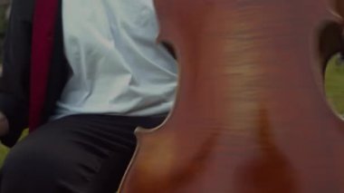 Parktaki açık hava konserinde çello çalan ve müzik dinlerken gülümseyen genç kadın sanatçıyı yukarı kaldır.