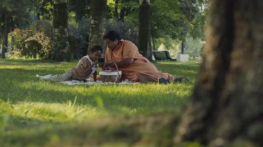 Afrika kökenli Amerikalı büyükanne ve torununun parkta battaniyeye oturmuş piknik yapıp, gülüp, akıllı telefon kullanarak video izlediği bir fotoğraf.
