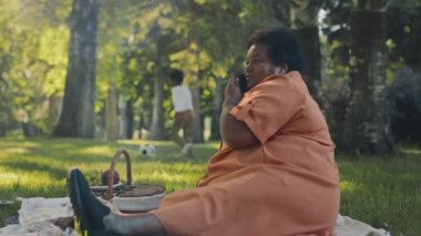 Güneşli bir yaz günü Verdant Park 'ta piknik yapmadan önce büyükannesi çimlerin üzerinde battaniyeyle oturup cep telefonuyla konuşurken Afrikalı Amerikalı bir çocuğun futbol oynadığı tam bir fotoğraf.