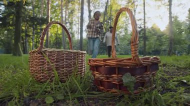 Afrika kökenli Amerikalı meraklı çocuğun yaz günü büyükannesiyle ormanda yürüdüğü sepetlere doğru koşup mantar toplamaya hazırlandığı bir fotoğraf.