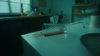 Suç mahallinin karanlık odasında yere dökülen kırmızı içecekle birlikte yere düşmüş cam mutfak masasının yakın görüntüsü.