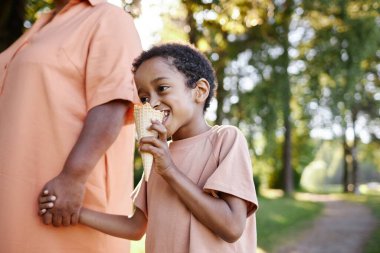 Afrika kökenli Amerikalı çocuğun haftasonunu büyükannesiyle parkta geçirirken dondurmanın tadını çıkardığı düşük açılı çekim.