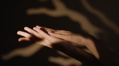 Kadın ellerinin yakın plan çekimleri yarı karanlıkta hareket ederken dekoratif dallarla bulanık arkaplan.