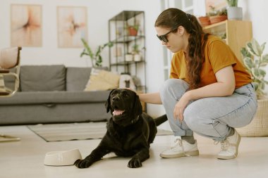 Genç bir kadının sevişmesi Kara Labrador yerde yatarken onu heyecanlandırdı.