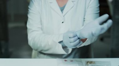 Kadın adli tıp teknisyeninin steril eldiven giydiği orta bölüm fotoğrafı, sonra ışıklı büyüteç alıp suç laboratuarındaki plastik konteynırdaki kanıtları inceliyor.