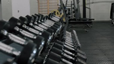 Spor salonundaki düzenli halterleri, ağırlık kaldırma aletleri ve arka planda görünen banklar gibi dayanıklılık eğitimi ekipmanlarıyla sırala.