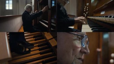 Org çantasının kapılarını açan ve kilisede konser provası yaparken manuel ve pedal çalan kıdemli müzisyenlerin ekranını ayır