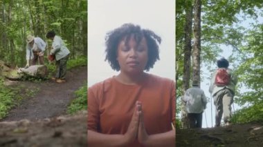 Yetişkin beyaz adam ve çok ırklı kadının yaz ormanlarında piknik yaptığı, meditasyon yaptığı ve yürüyüş yaptığı bir ekran.