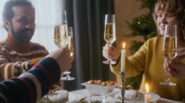 Bir grup arkadaş şenlik masasında oturmuş kutlama kadehleri kaldırıyor ve evde Noel yemeği yerken gülümsüyorlar.