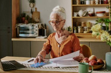 Yaşlı bir kadın, evdeki mutfak masasında, etrafı meyve ve çanak çömlek ile çevrili olarak otururken, yakınlarda dizüstü bilgisayarla belgeleri inceliyor.