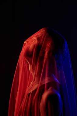 Kırmızı kumaşla kaplı genç bir adamın yan görüntüsü.