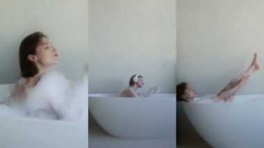 Sabun köpüğü üfleyen, müzik dinleyen, oval küvette otururken ve yatarken bacağına masaj yapan sakin, pozitif kızın ekranını ayır.
