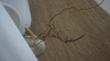 Banyodaki dekoratif dallı büyük halka şeklindeki beyaz vazoyu yukarıdan gören yok.