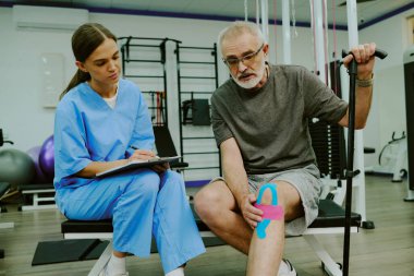 Doktora eklem ağrısını açıklarken elinde bastonla dizine dokunan yaşlı adamın orta derecede yakın çekimi.