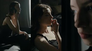 Kafkasyalı, paranoyak, ilaçlarını alan, telefonla konuşan ve perdenin arkasından gizlice gözetleyen Z jenerasyonundan bir kız.