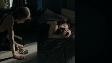 Kafkasyalı genç bir kadının aynanın bir parçasında kendine bakması yatakta uzanan sesler duyması arama sırasında telefonuna bağırması.