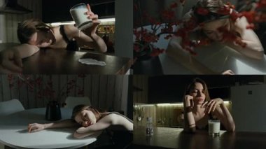 Depresyondaki yalnız beyaz kadın perdesini yarıp ahşap yüzeye süt döküyor, mutfak masasında oturuyor ve içi bomboş hissediyor.