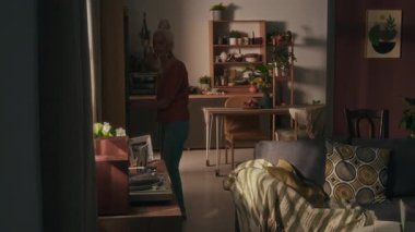 Kafkasyalı yaşlı kadın raftan vinil plağı alıyor, oyuncuyla ahşap şifoniyere yaklaşıp onu çalıştırıyor.