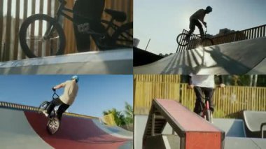 Güneşli bir günde şehir kaykay parkında bisiklet sürme ve rampada hava numaraları yapan profesyonel BMX sürücüsünün ekranını böleceğiz.