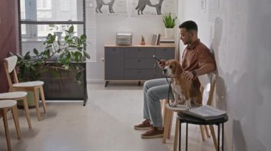 Veteriner kliniğinde tasmalı bir köpekle oturan genç adam, tıbbi randevu beklerken akıllı telefon kullanıyor.