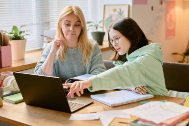 Dizüstü bilgisayar üzerinde çalışırken ve not alırken fikirleri paylaşan iki kadın yaratıcı ve işbirlikçi bir atmosferle entellektüel tartışmalara girişiyor.