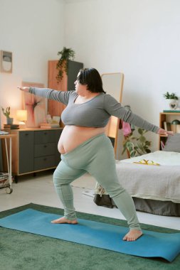 Huzurlu, iyi dekore edilmiş bir odada yoga yapmak arka planda organize mobilyalar ve bitkiler sahnenin sükunetini artırıyor.