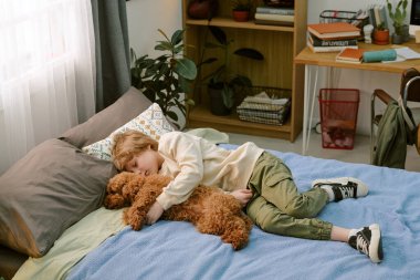 Beyaz bir çocuk yatakta uzanmış, küçük tüylü bir köpeğe sarılıyor. Evcil hayvan sahibiyle evdeki ilk evcil hayvan arasında nazik bir etkileşim var.