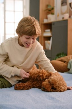 Kafkas çocuk gülümseyen tüylü kahverengi köpek yatakta uzanırken, evdeki rahat ev ortamında genç ev sahibiyle ilk evcil hayvan arasındaki nazik etkileşimi gösteriyor.