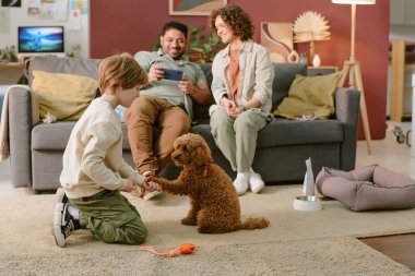 Beyaz çocuk halıda diz çöküp kahverengi kaniş köpeğine el sıkışmayı öğretirken ailesi arka planda oturup gülümsüyor.