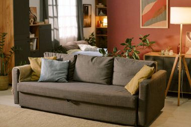 Dekoratif yastıklı modern gri kanepenin olduğu boş bir oturma odası. Evin iç kısmında rahat duruyor. Arka planda bitkiler ve hafif ışıklandırma görülebiliyor.