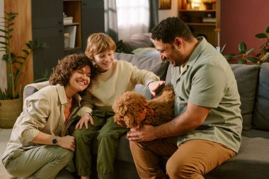 Beyaz kadın, beyaz çocuk ve Orta Doğulu adam kanepede oturmuş gülümsüyor ve küçük kahverengi köpeği okşuyor. Ailesinin evde ilk evcil hayvanının keyfini çıkardığını gösteriyor.