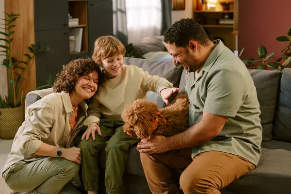 Beyaz kadın, beyaz çocuk ve Orta Doğulu adam kanepede oturmuş gülümsüyor ve küçük kahverengi köpeği okşuyor. Ailesinin evde ilk evcil hayvanının keyfini çıkardığını gösteriyor.
