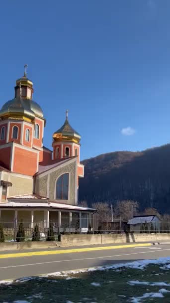 Beautiful Orthodox Church Asphalt Road Small Town Mountain Valley Ukraine — Stock Video